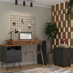 Conjunto Home Office 1 Escrivaninha Com 2 Gavetas Plus 1 Gaveteiro New Artany Freijó/Preto