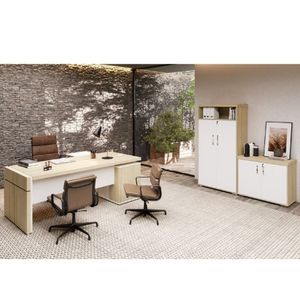 Conjunto Escritório Completo 1 Mesa Em L 1 Armário Alto 1 Balcão Baixo Artany Carvalho/Branco