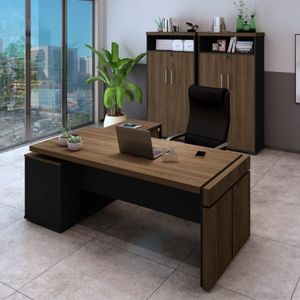 Conjunto Escritório 3 Peças 1 Mesa Em L Diretoria Com 2 Armários Altos Artany Charuto/Preto