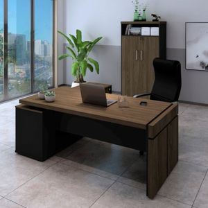 Conjunto Escritório 2 Peças Mesa Em L Diretoria Com Armário Alto Artany Charuto/Preto