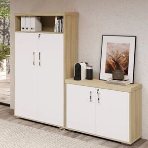 Conjunto Escritório 2 Peças Armário Alto 2 Portas Com Balcão Baixo 2 Portas Artany Carvalho/Branco