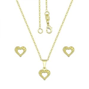 Conjunto Corrente + Brinco Coração Vazado Banhado Ouro 18k