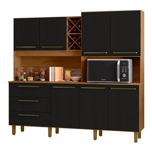 Armário De Cozinha Completa Com Adega 7 Portas 3 Gavetas 2,07m Ajax Nature / Preto Zanzini