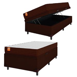 Cama Box Baú Solteiro Colchão Molas Ensacadas 88x188x63cm Marrom/Branco Suporta Até 200kg Por Pessoa