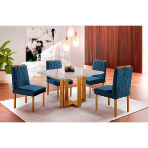 Conjunto Sala De Jantar 4 Lugares Mesa Lisy E Cadeiras Móveis Mix Off White/azul Turquesa Escuro