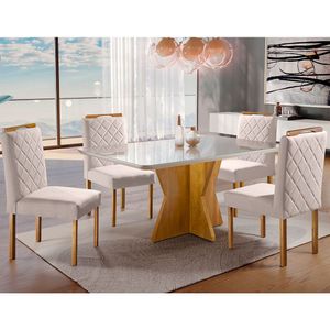 Conjunto Sala De Jantar 4 Lugares Moscou Madeira Maciça E Tampo Com Vidro Mel/off White/ Bege Areia
