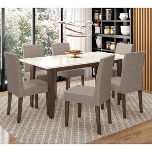 Conjunto Sala De Jantar Retangular Mesa Liz 160cm E 06 Cadeiras Josi Amêndoa Com Off White