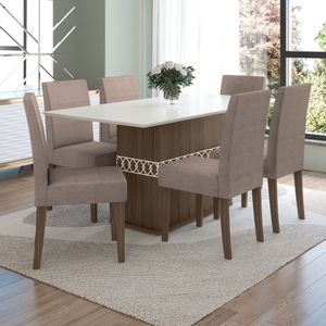 Conjunto Sala De Jantar Retangular Mesa Agata 160cm E 06 Cadeiras Josi Amêndoa Com Off White
