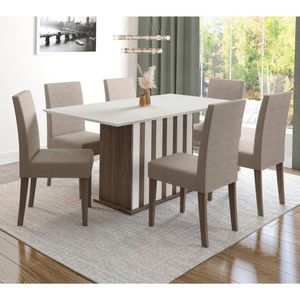 Conjunto Sala De Jantar Retangular Mesa Amalia 160cm E 06 Cadeiras Josi Amêndoa Com Off White