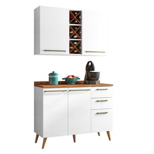Armário De Cozinha Compacta 4 Portas 3 Gavetas Com Adega 1,20m Favorita Branco / Natura Branco Nature