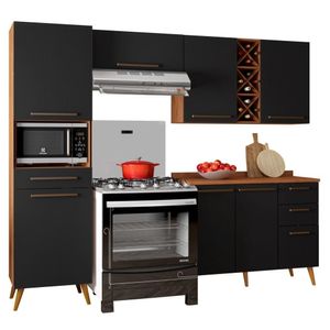 Armário De Cozinha Completa Com Adega 7 Portas 4 Gavetas Favorita Preto/nature Preto Naturale