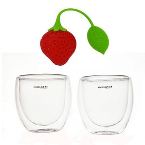 Jogo Chá 2 Copos Parede Dupla 250ml E Infusor Ervas Morango