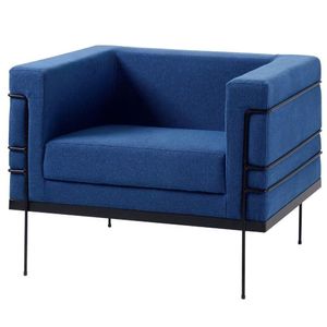 Poltrona Le Corbusier Daf Móveis Madeira Eucalipto Revestida Espuma D28 Linho Azul Marinho Base Aço