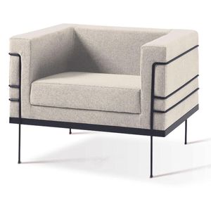 Poltrona Le Corbusier Daf Móveis Em Madeira Eucalipto Revestida Espuma D28 Linho Bege Base Aço
