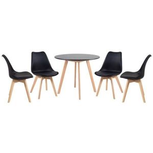 Kit - Mesa De Jantar Redonda 90 Cm Preto + 4 Cadeiras Estofadas Leda Preto