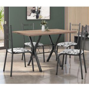 Conjunto Mesa De Jantar 136Cm Miami Com 4 Cadeiras Santiago Preto/Prata/Branco Floral