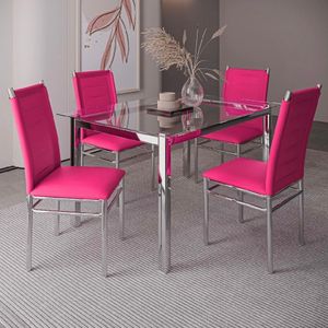 Conjunto Sala De Jantar Mesa Tampo Vidro Com 4 Cadeiras Tokio Core Cromado/Pink