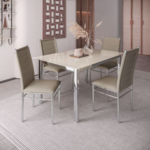 Conjunto Sala De Jantar Mesa Dubai Tampo Vidro Com 4 Cadeiras Tokio Cromado/Off White