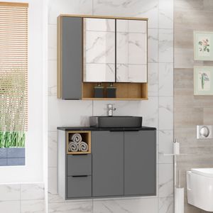 Conjunto Para Banheiro 5 Portas 2 Gavetas 2 Nichos Fênix Cnj3074 Estilare Cinza/Carvalho Mel