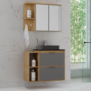 Conjunto Para Banheiro 3 Portas 1 Gaveta 2 Nichos Gaya Cnj3072 Estilare Cinza/Carvalho Mel