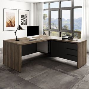 Mesa Em L Escritório 2 Portas 3 Gavetas Y37 Artany Nogal/Preto