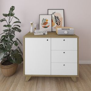Balcão Retrô Para Escritório1 Porta 3 Gavetas Lugano Artany Olmo/Branco