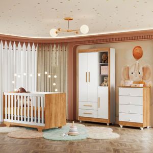 Quarto De Bebê Cômoda Berço E Guarda Roupa Com Colchão Nina  Amadeirado/branco