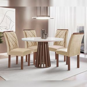Conjunto Mesa Tampo Redondo Plus Vidro Kansas 100cm 4 Cadeiras Arthus Chocolate/off White/suede Cru