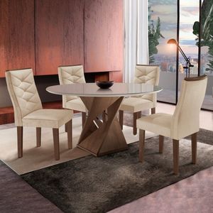 Mesa Tampo Slim Plus Vidro 100cmx100cm 4 Cadeiras Barcelona Chocolate/off White/suede Pena
