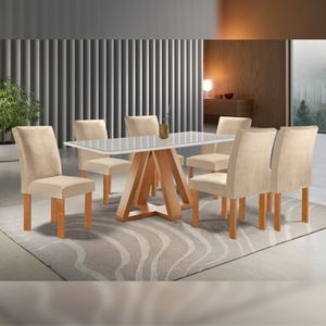 Conjunto Mesa Tampo Smart Plus Vidro Kyra 170cmx90cm 6 Cadeiras Canela Cinamomo/off White/suede Cru