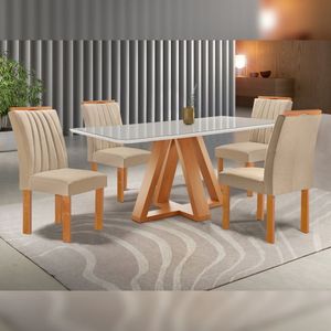 Conjunto Mesa Tampo Smart Plus Vidro 120cmx90cm 4 Cadeiras Arizona Cinamomo/off White/suede Cru