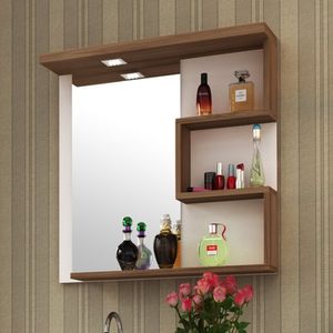 Armário Para Banheiro Com Espelho E Luminária Led 68Cm Veneza Móveis Bosi Branco/Nogal