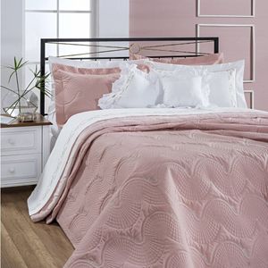 Colcha King 3 Peças Percal 200 Fios Algodão Bordado Lisse Bernadete Casa Rose