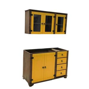 Kit Aéreo + Balcão de Pia com Detalhes em Amarelo de Madeira Maciça Móveis Rio Negrinho