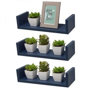 Kit 3 Prateleiras em U 50X20cm Azul com Suporte Invisível