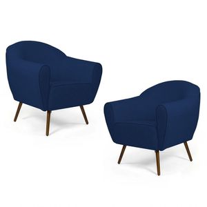 Kit 2 Poltronas Nina Pés Palito Madeira Veludo Azul Marinho