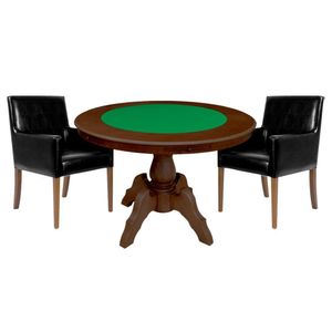 Mesa de Jogos Carteado Redonda Montreal Tampo Reversível Imbuia com 2 Cadeiras Liverpool Corino Preto Liso Gran Belo