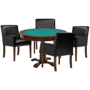 Mesa de Jogos Carteado Victoria Redonda Tampo Reversível Imbuia com 4 Cadeiras Liverpool Corino Preto Matelassê Gran Belo