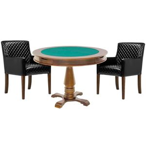 Mesa de Jogos Carteado Victoria Redonda Tampo Reversível Amêndoa com 2 Cadeiras Liverpool Corino Preto Matelassê Gran Belo