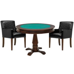 Mesa de Jogos Carteado Victoria Redonda Tampo Reversível Imbuia com 2 Cadeiras Liverpool Corino Preto Matelassê Gran Belo