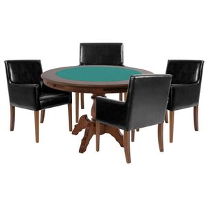 Mesa de Jogos Carteado Redonda Montreal Tampo Reversível Imbuia com 4 Cadeiras Liverpool Corino Preto Liso Gran Belo