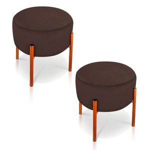 Kit 2 Puffs Iron Suede Marrom Base Metálica Cobre Drossi
