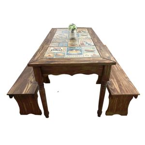 Mesa Detalhes Azulejo 2 Bancos 1,60m Madeira Rusticos Bento