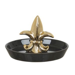 Porta Anel Cerâmica Flor De Lis Preto e Dourado 10,5x13,5xcm