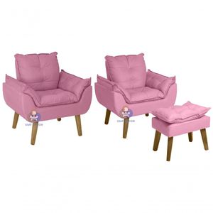 Kit 02 Poltrona Decorativa E Puff Opala Suede Rose Smf Decor