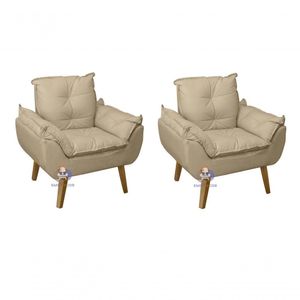 Kit 02 Poltrona Decorativa Opala Suede Bege Linho Smf Decor