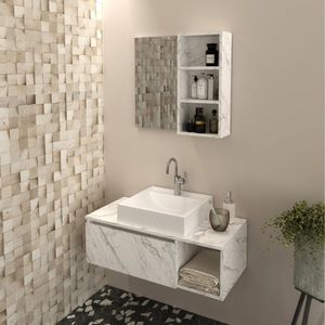 Conjunto Suspenso Para Banheiro Com Espelheira 80Cm Branco