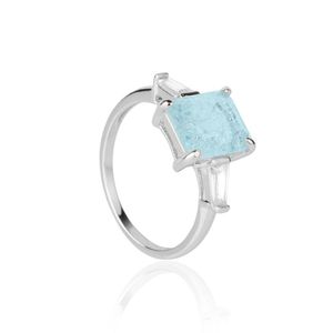 Anel Retangular Azul Cristal Ródio Branco Aro 19