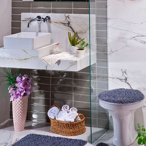 Kit Tapete Banheiro 3 Peças Cinza Natura High Algodão