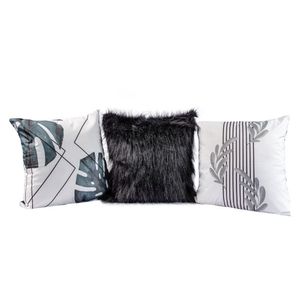 Kit Capas Almofadas Folhas Cinza Preto Plush 03 Peças 45x45